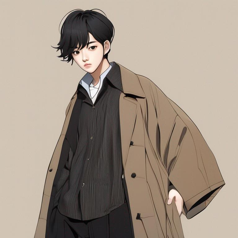 یه پسر کره ای با موهایه سیاه  و یه پیرهن مردونه و یه کت بلند قهوه ای روش شلوار پارچه ایه سیاه یه کفش ی سیاه8