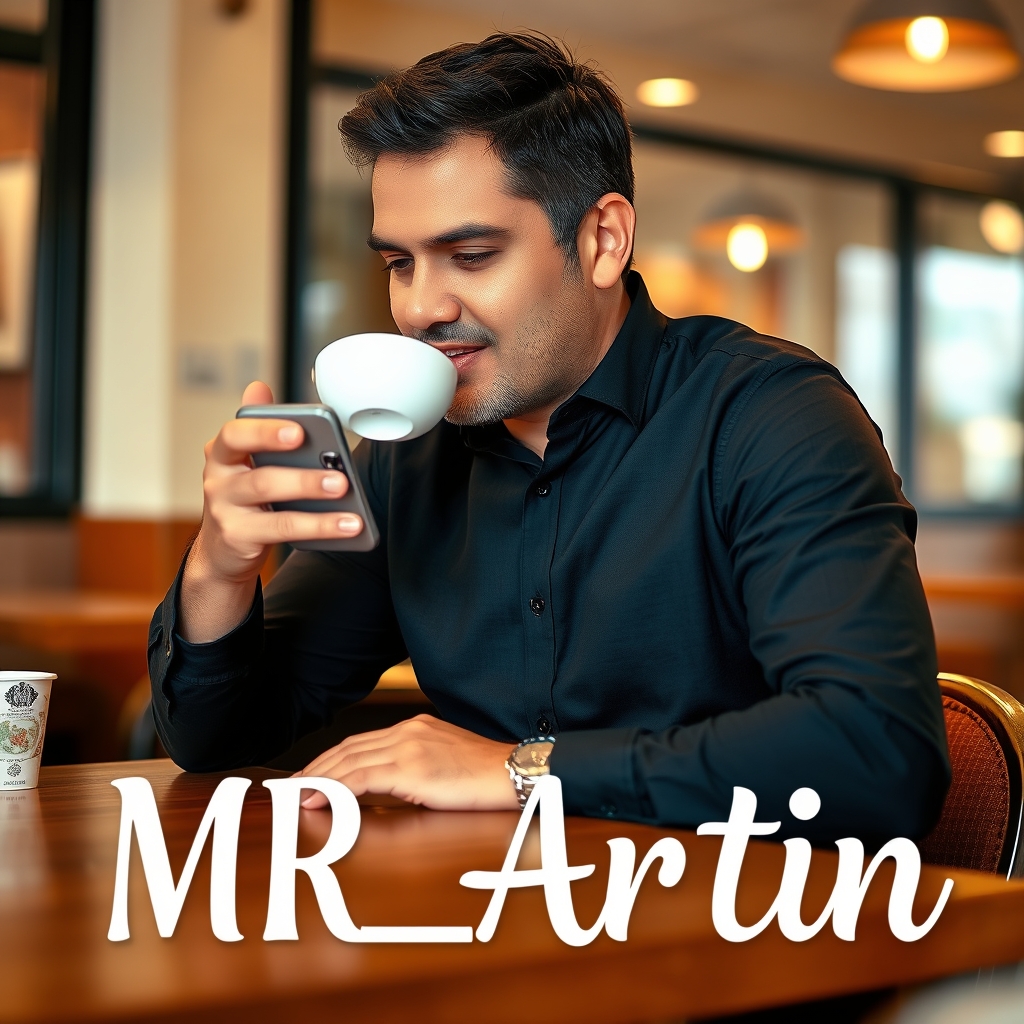 نوشته ادیت  MR__Artin
در تصویری که یک مرد با پیرهن سیاه در حال قهوه خوردن است وبا یک دست گوشی خود را نگاه میکند 
نوشته با فونت باشد وجلوه خواستی باشه5