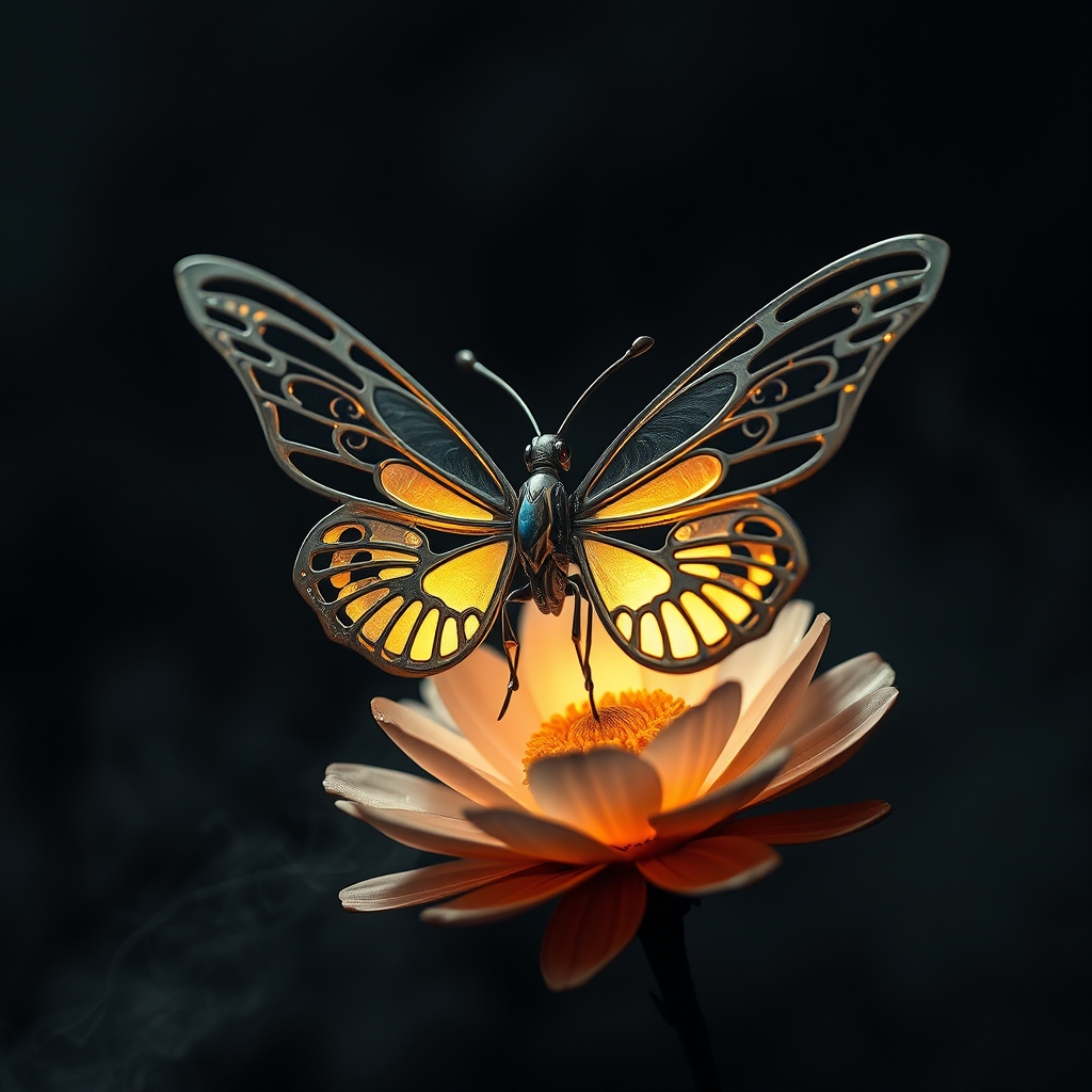 یک پروانه مکانیکی با بالهای فلزی، نشسته روی یک گل درخشان.19