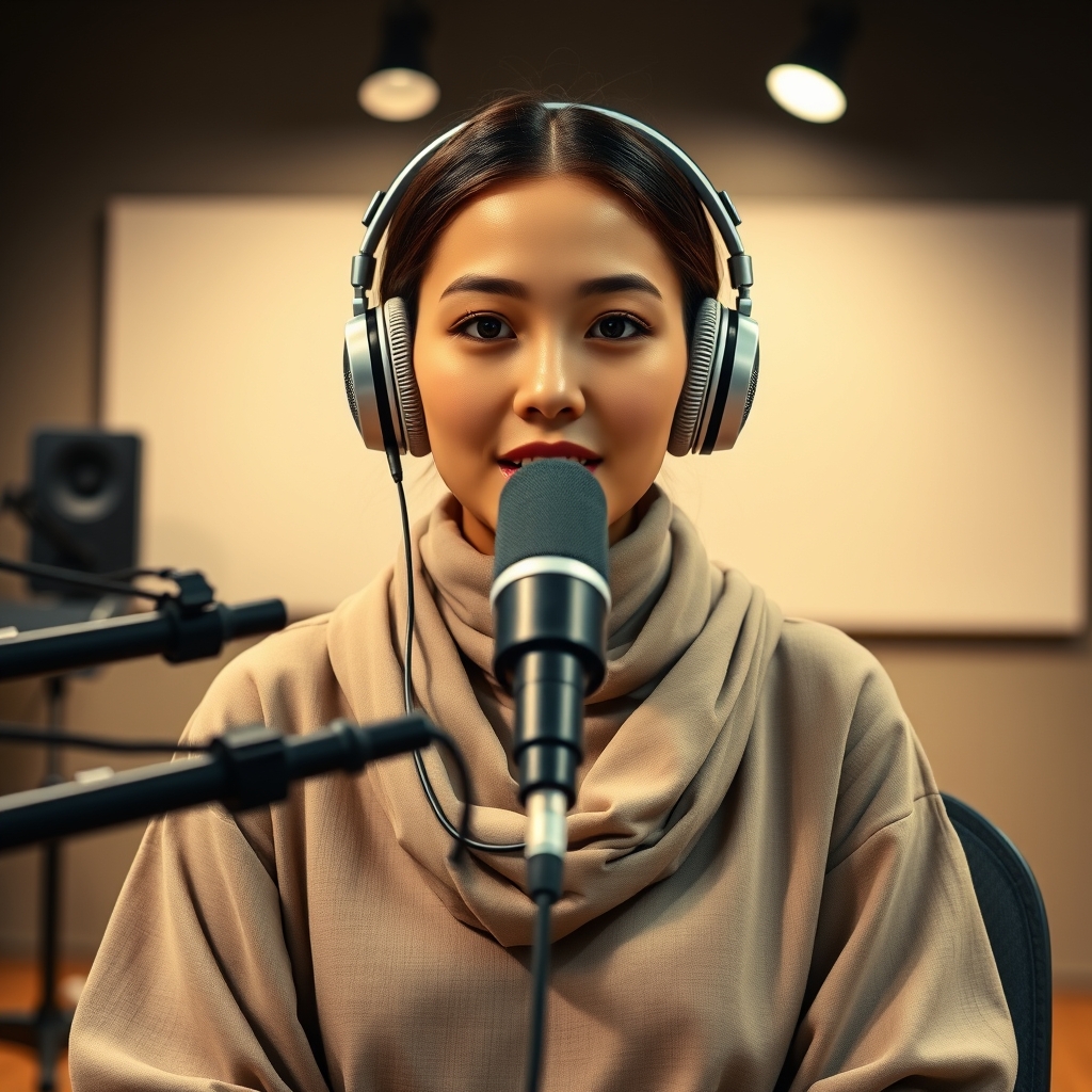 یک دختری قشنگ در اتاق دوبله همراه به هدفون روی گوشای خود گذاشته و درحال  حرف زدن با میکروفون است 2