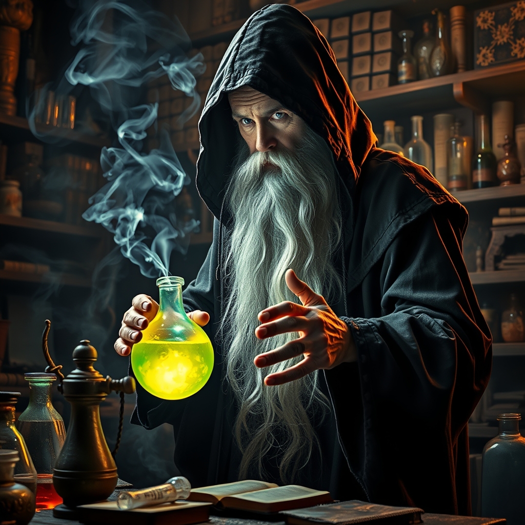 یک جادوگر اسرارآمیز در حال ساختن یک معجون درخشان در آزمایشگاهی تاریک و مه‌آلود.12