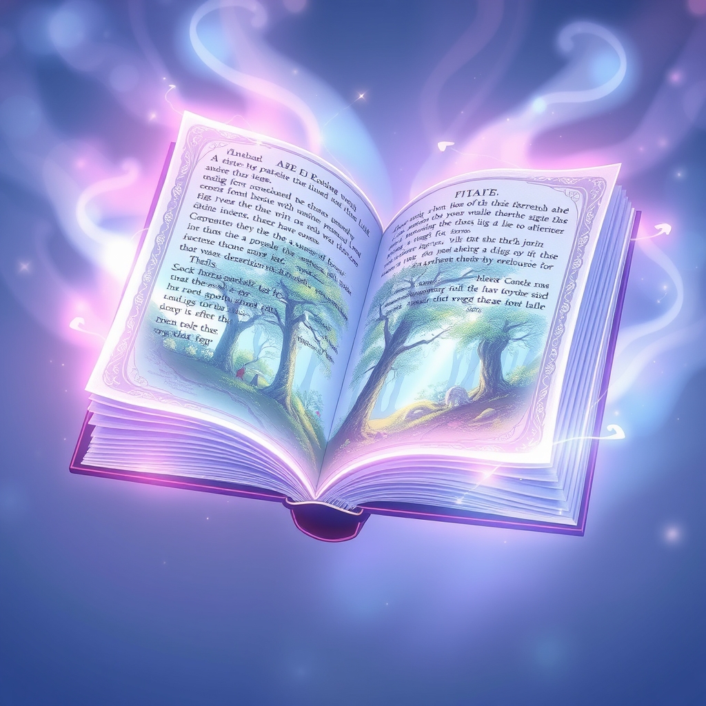 یک کتاب فانتزی با صفحاتی از جنس نور، که هنگام شناور شدن در هوا میدرخشد.11