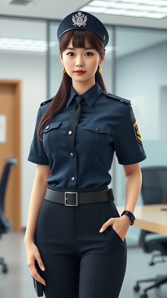 دختر خوشگل و جوان کره ای که پلیسه و توای اداره با لباس های پلیسی ایستاده 22