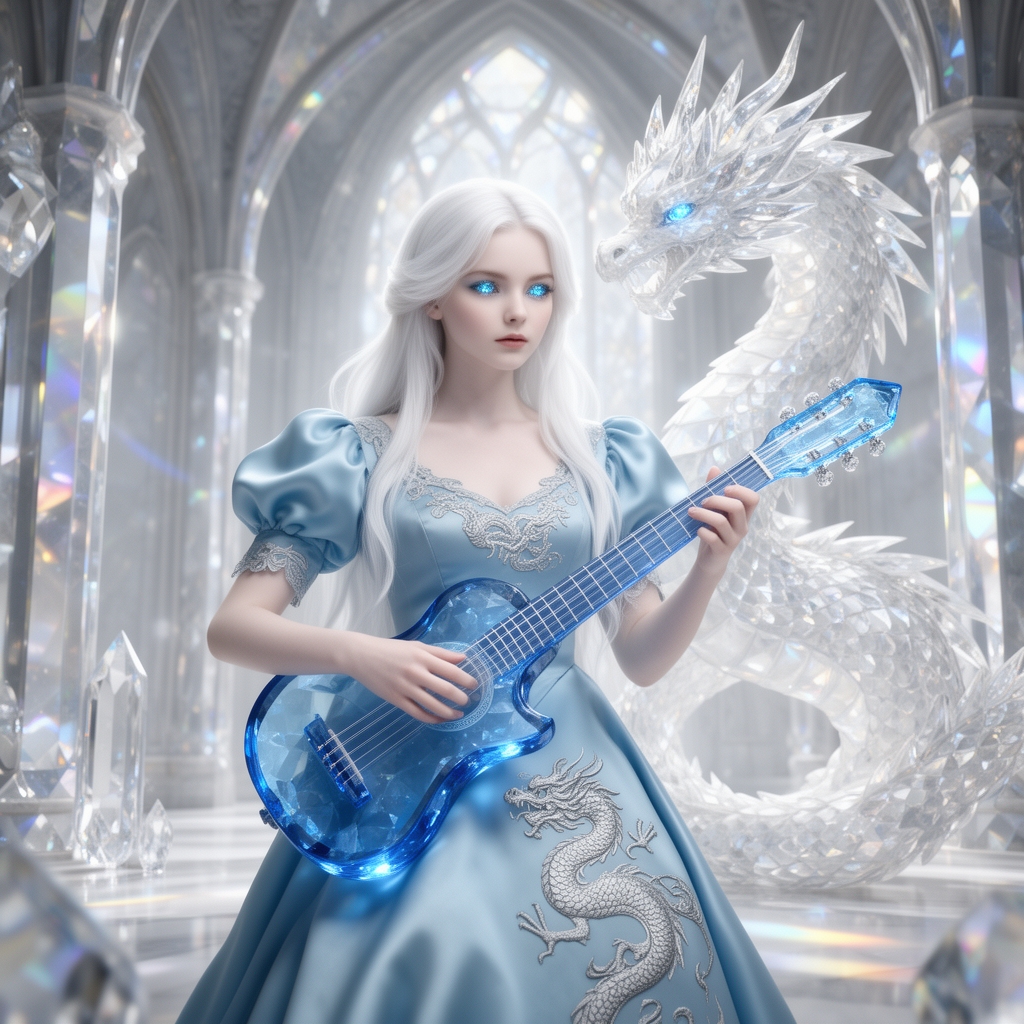 زیباترین زنی جوان در جهان حتی در رویایی که شکوه خدا را داشته باشد که نظیر آن در دنیا نباشد که همه از شدت زیبایی به او سجده کنند که با چشمان کریستالی آبی رنگ که در مردمکش دریا واقع شده است و با پوستی سفید همرنگ برف که با موهای سفید رنگ بلند حالت دار که با لباس سلطنتی پفی آستین پفی ابی کمرنگ که اژدهای نقرهای رنگی بر روی آن حکاکی شده باشد زیبایی باشد و در حال باگیتار کریستالی آبی زدن باشد و داخل قصر کریستالی باشد و در کنارش زیباترین اژدهای کریستالی بزرگ سفید باشد 5