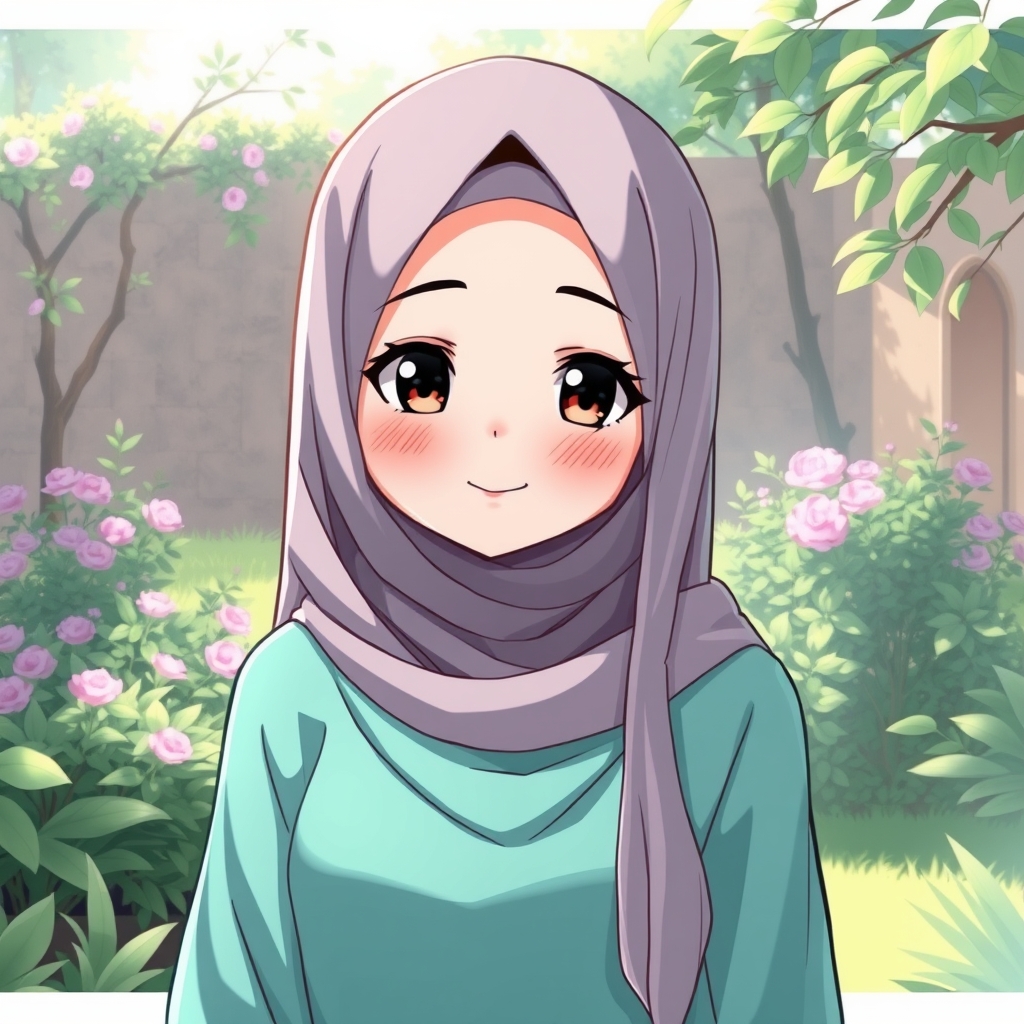 A pretty Iranian Muslim girl wearing an aqua-green dress. She is white. She is veiled completely. Her hair cannot be seen. She is smiling. She is in a garden. We can see light around her face.0