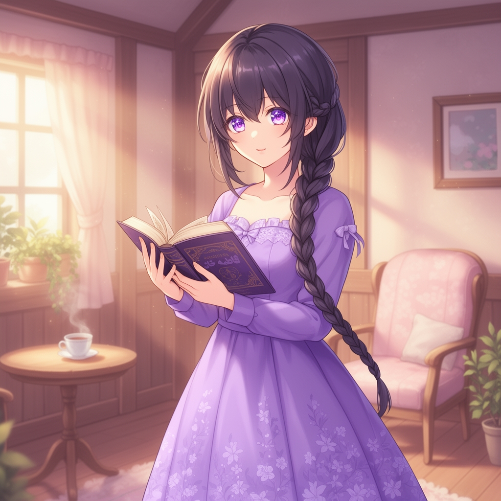 یک دختره زیبا که چشم ها بنفش بلوری داره و موهاش بافته شده و تا کمرش آمده
دخل یک خونه ی خوشگل که دخل دستش یک کتابه
لباسش بنفشه که روش طرح گل داره
بالای سرش هم نوشته (فاطمه خانم) 3