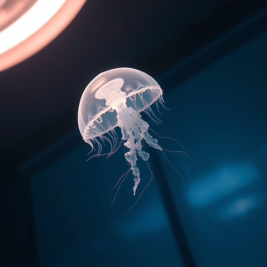 یک عروس دریایی شفاف شناور در هوا، که به نرمی در یک اتاق تاریک میدرخشد.9
