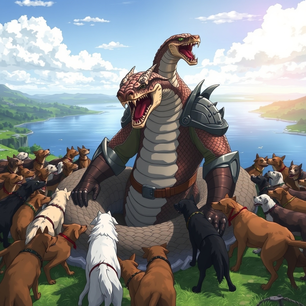 تصویری از یه مار خیلی بدنساز با بدنی بزرگ و جمع شدن سگ های زیادی در دور و برش و زره داره ماره و نیشش به نمایش میزاره و رو به روی رودی بزرگ واستادن5