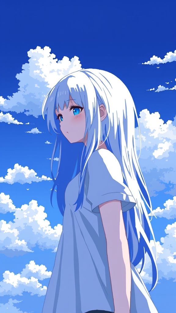 دختری زیبا با موهای سفید و آبی در زیر آسمان آبی و ابری
4