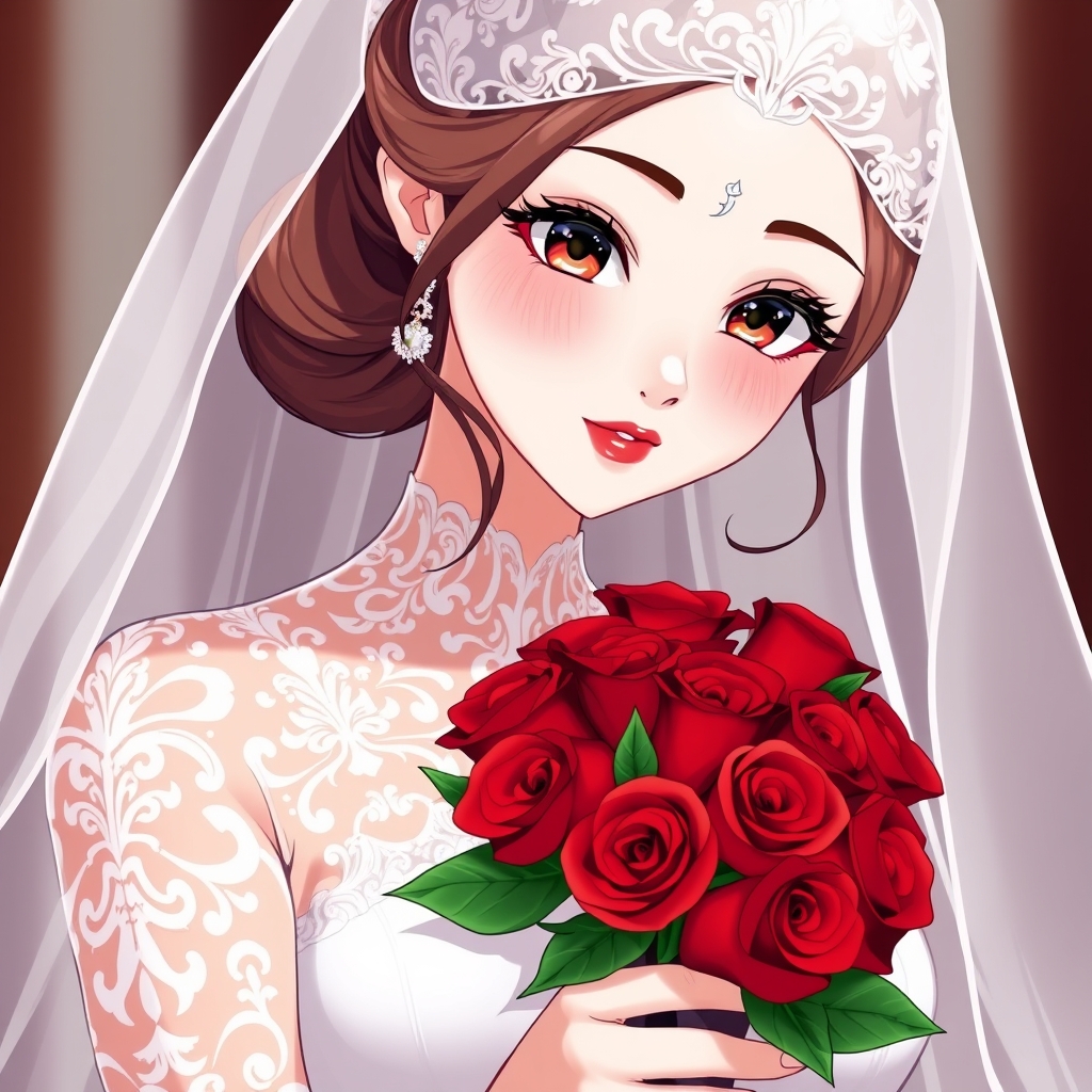 یک عروس زیبا با لباس های سفید و پر از طرح 
در دستانش یک دسته گل زیبا با گلهای رز قرمز است
اندام فری سایز دارد و پوستش سفید است و رژ قرمز زده است 21