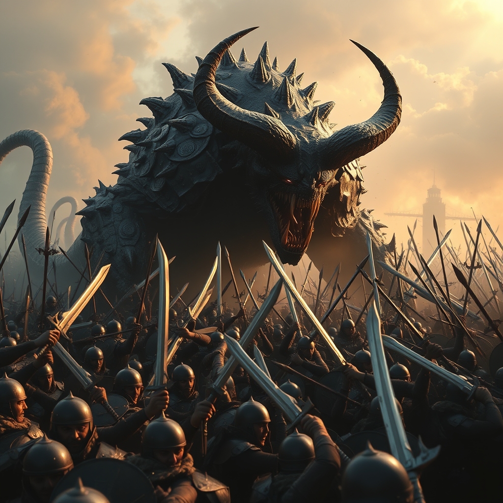 عکس یک لشکر پر جمعیت که دارم با یک غول وحشتناک میجنگند. دیو شاخ دارد و سپاه شمشیر و نیزه دارد 4