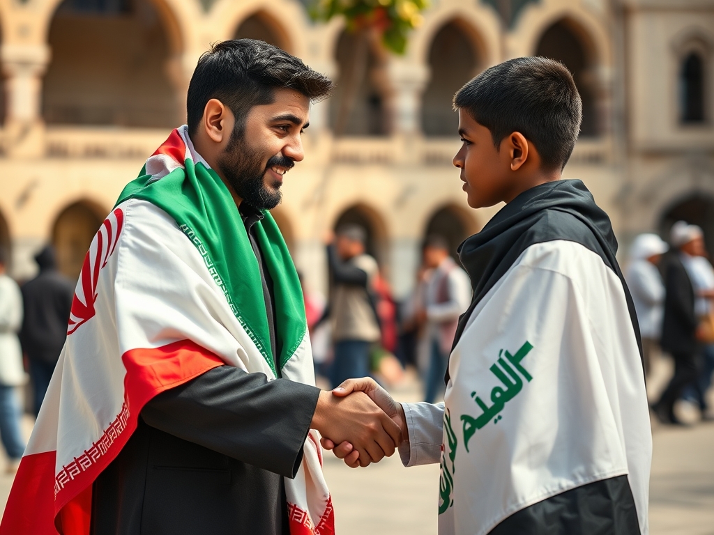 یک پسری با قیافه ای ایرانی و پرچمی از ایران به دوش دارد با پسری عراقی ای که صورتش پوست تیره دارد و پرچم عراق را به دوش کشیده است دست می دهد20