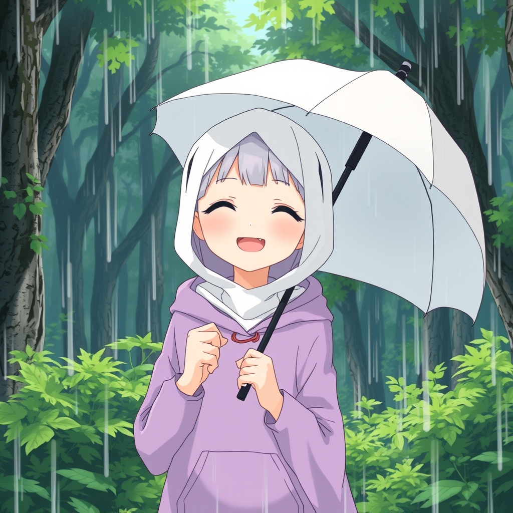 یک دختر محجبه سفید پوست در جنگلی سرسبز که باران می بارد،با هودی بنفش ملایم  و روسری سفید، چتر سفید در دست دارد و خوشحال است. 10