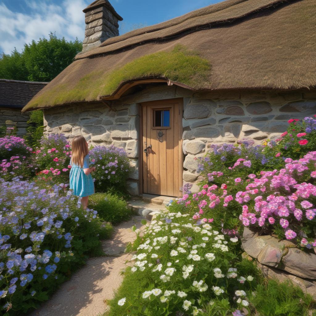 خانه ای کلبه ای با دیوار های سنگی . سنگ های روی دیوار گرد و کوچک و بزرگ است به رنگ خاکستری و طوسی. بین  سنگ ها گل های ریز آبی و صورتی و قرمز و بنفش قرار دارد.سقف این خانه به صورت شیروانی است و با چوب های بلند و قهوه ای کمرنگ چیده شده. این خانه درو پنجره ساده و چوبی دارد. دختر بچه ای کوچک که لباس آبی پوشیده و موهای خرمایی رنگ و بلند دارد از پشت پنجره به بیرون نگاه می‌کند. هوا بارانی و  تاریک است . جلوی در خانه چمن های سبز و خیس شده با باران قرار دارد. اطراف چمن ها گل های رنگارنگ و نورانی هست.13