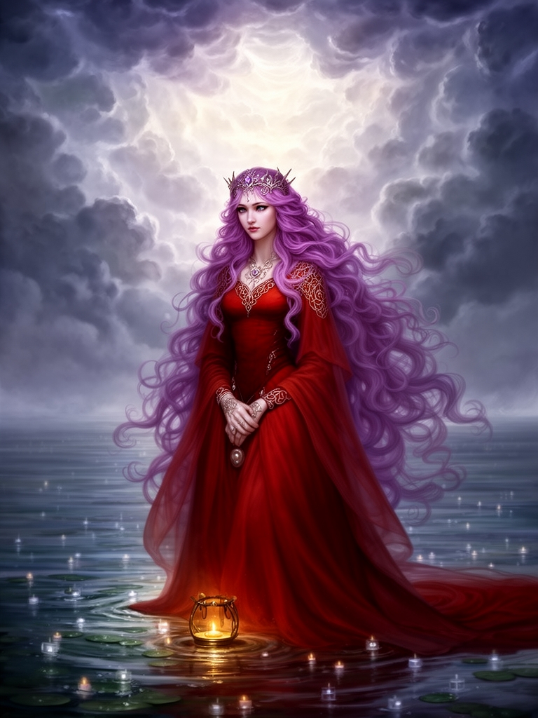 ملکه ای با چشم های زال با لباسی قرمز که جلوی پا او باز یگه هفت داشته باشد موهای او آلبالویی و حالت دار باشد که کنار آب به هنگام غروف به ابر ها مینگرد4