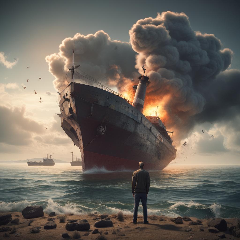 مردی ناراحت در حال تماشای کشتی ای که اول منفجر شده است و اکنون دارد غرق میشود 1