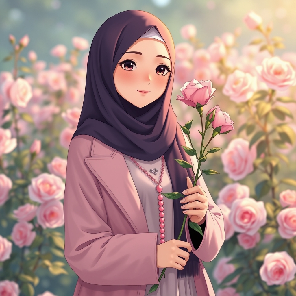 دختری با حجاب   وروسری صورتی پاستلی با مانتوی صورتی بلند با شاخه گل رز صورتی در دستانش در وسط گلزار های گل رز 1