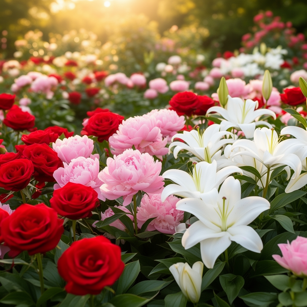 یه عکسی برام بساز که برای پر از گل باشه و گل های قرمز و صورتی و سفید باشه5