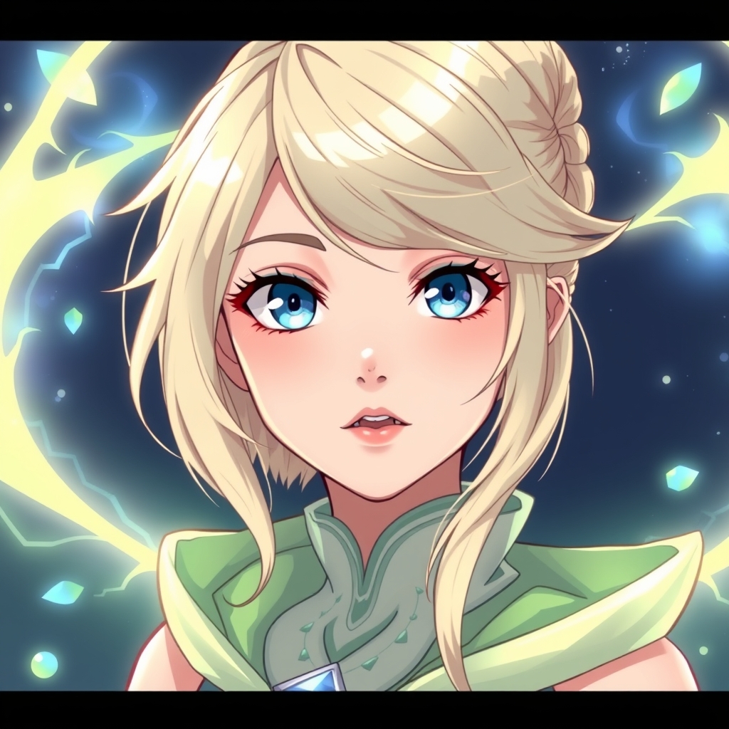 زنی زیبا روی با چشمان بلورین آبی لاجوردی و مو هایی به رنگ زرد لایت که یک لباس منحصر به فرد سبز روشن.   که قدرت عناصر را دارد 
1