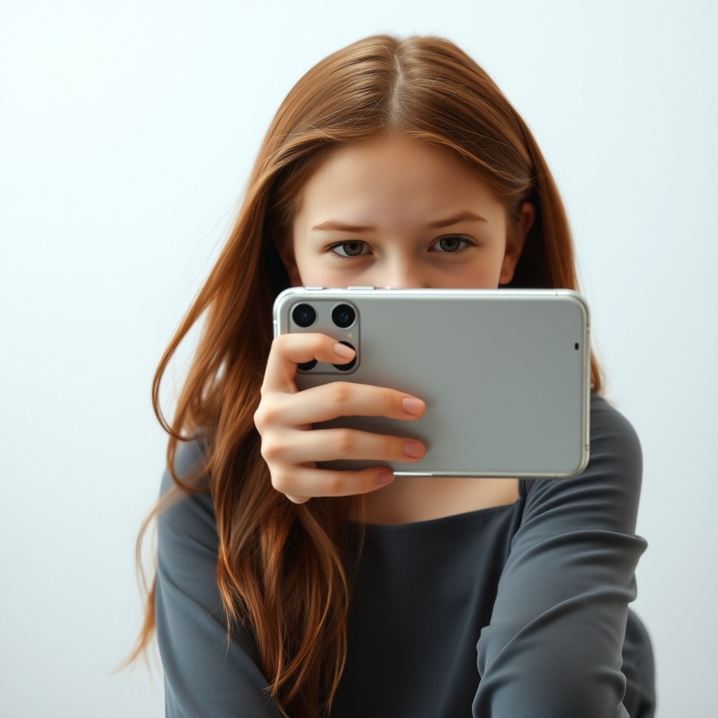 یه دختر با صورت گرد سفید که چال گونه داره و موهای خرمایی بلند کراتین شده که جلوی اینه نشسته و گوشیش جلوی صورتشه و فقط چال گونش از صورتش پیداس مدل گوشیشم سامسونگه ک سه تا دوربین داره
10