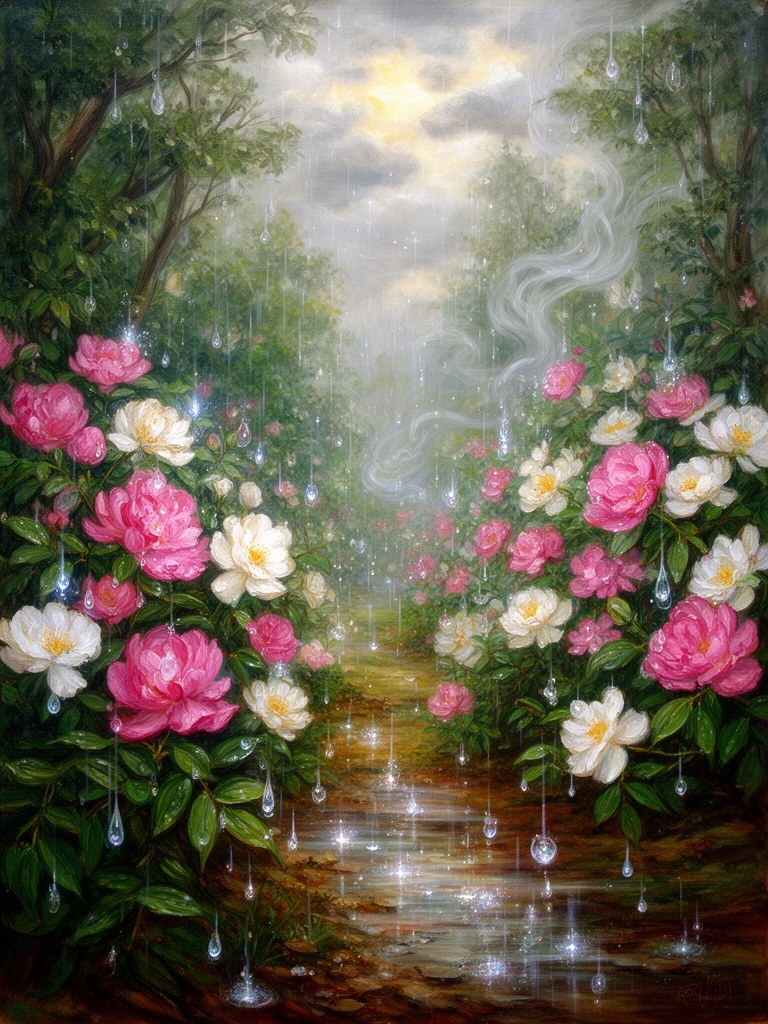 باران که در طبیعت زیبا و سرسبز و شکوفای صورتی و سفید  و قطره های باران برو ی شکوفه ها و برگ های درختان و بوی خاک خیس خورده زیبایی اینجا را دو چندان کرده است به سبک پست امپرسیونیسم 5
