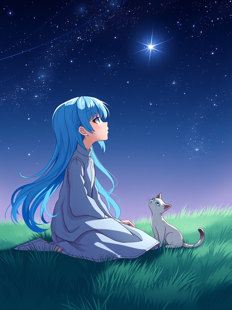 دختری روی زمین چمن دارد به شب پر ستاره نگاه میکند موهایش ابی درخشان است و حیوان درانش که گربه است مثل خودش به چشمان او نگاه میکند13