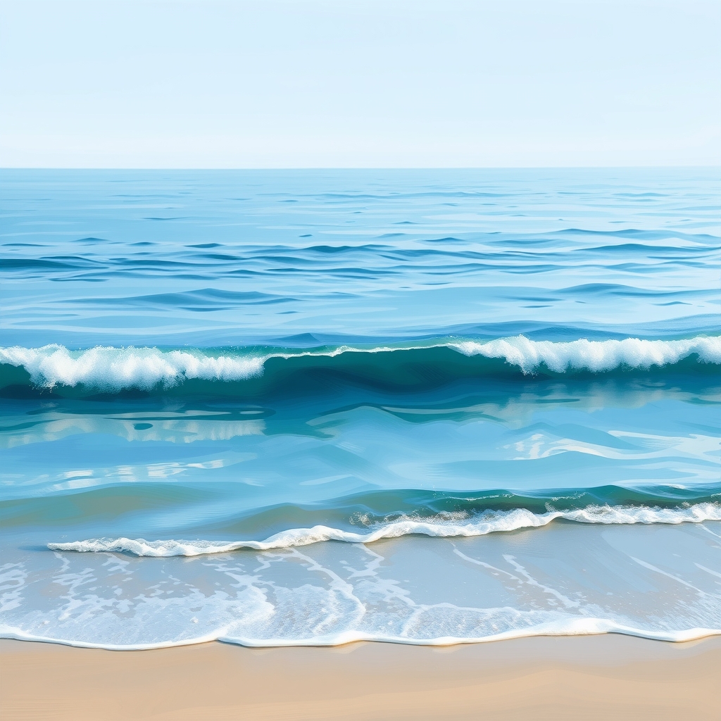 دریای آبی آرام با کمی موج بر ساحل شنی نقاشی رنگ روغنی5