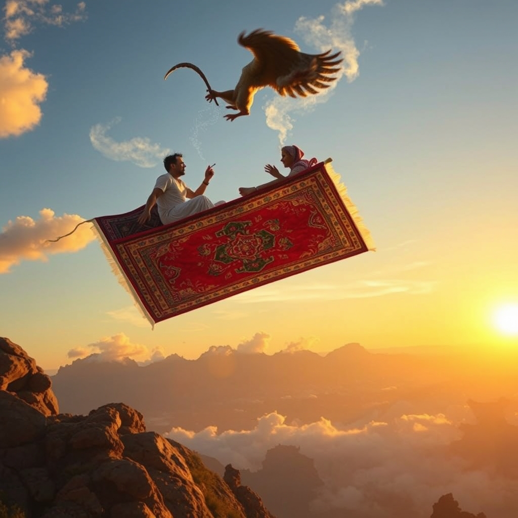 یک قالی ایرانی که به یک قالی پرنده جادویی تبدیل می‌شود، در آسمان غروب طلایی می‌چرخد به همراه مردی معتاد که دارد سیگار می‌کشد و مادرش که دارد جوجه بالای آسمان کباب می‌کند از یک طرف خدای رعد و برق در حال نگاه کردن به مریض های اسحالی قصه ما 7