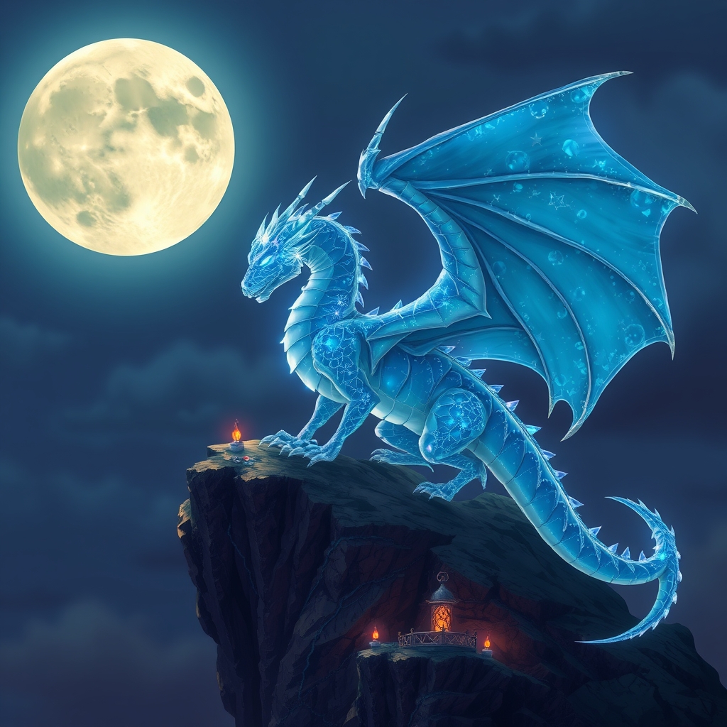 یک اژدهای کریستالی درخشان نشسته روی صخره‌ای زیر نور ماه کامل.13