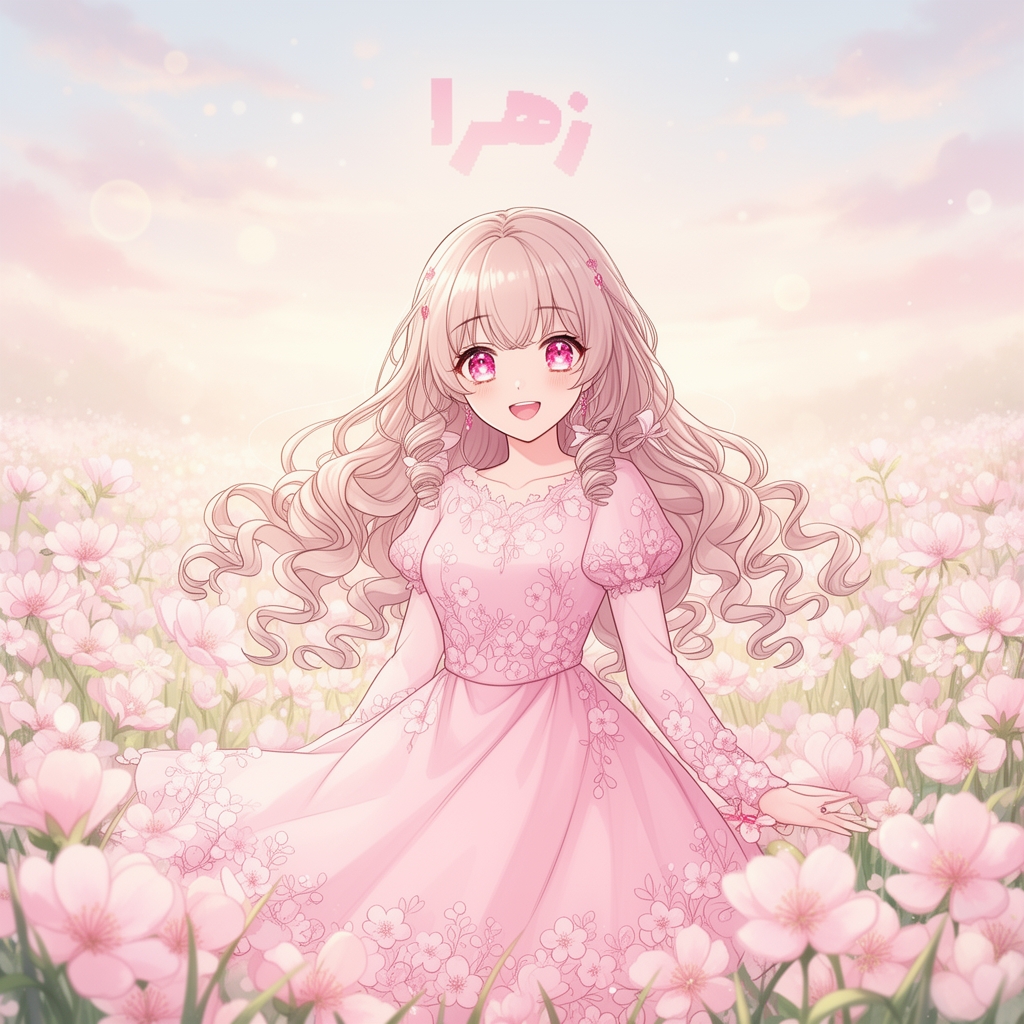 دختری با لباس صورتی که روش طرح گل داره
موهایش بلند و فرفری
داخل منظره ی پر از گل های صورتی
چشماش صورتی بلوری
بالای سرش یعنی تو آسمون با انگیلیسی نوشته زهرا
4