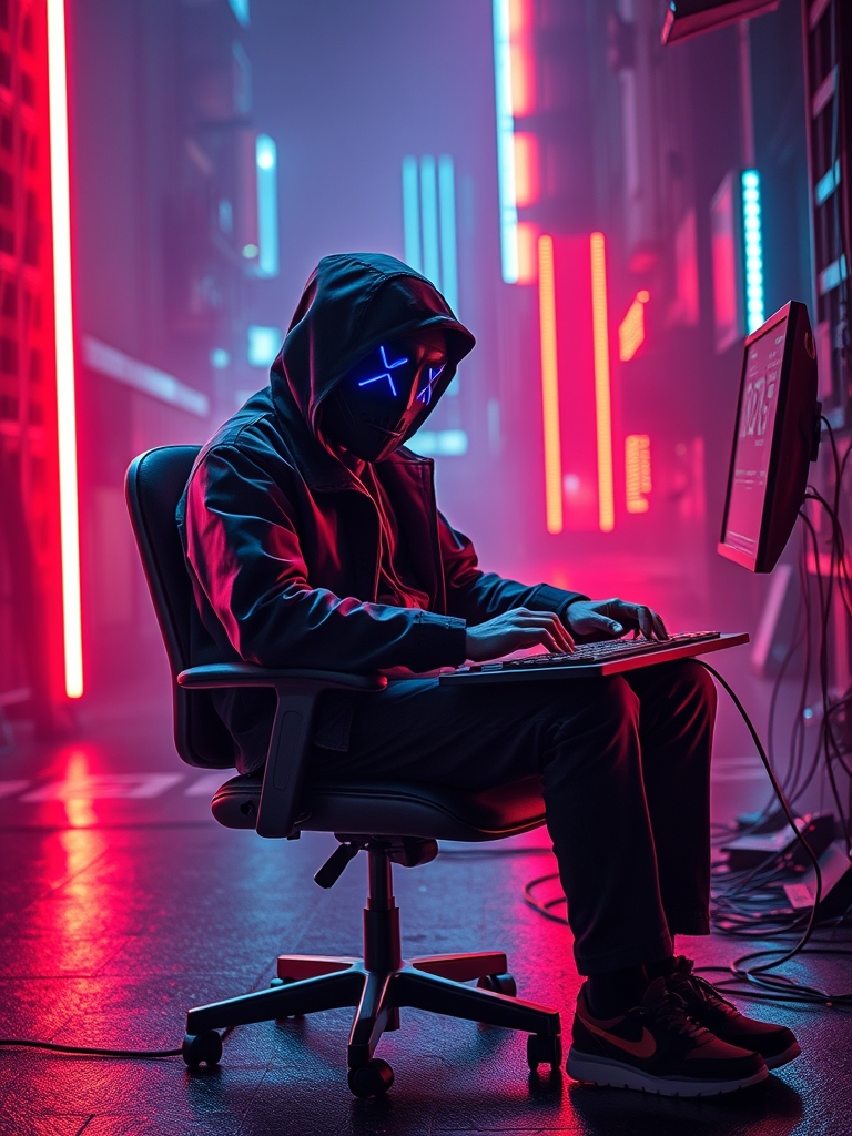 یک هکر که روی صندلی نشسته داره هک میکنه و نقاب داره0