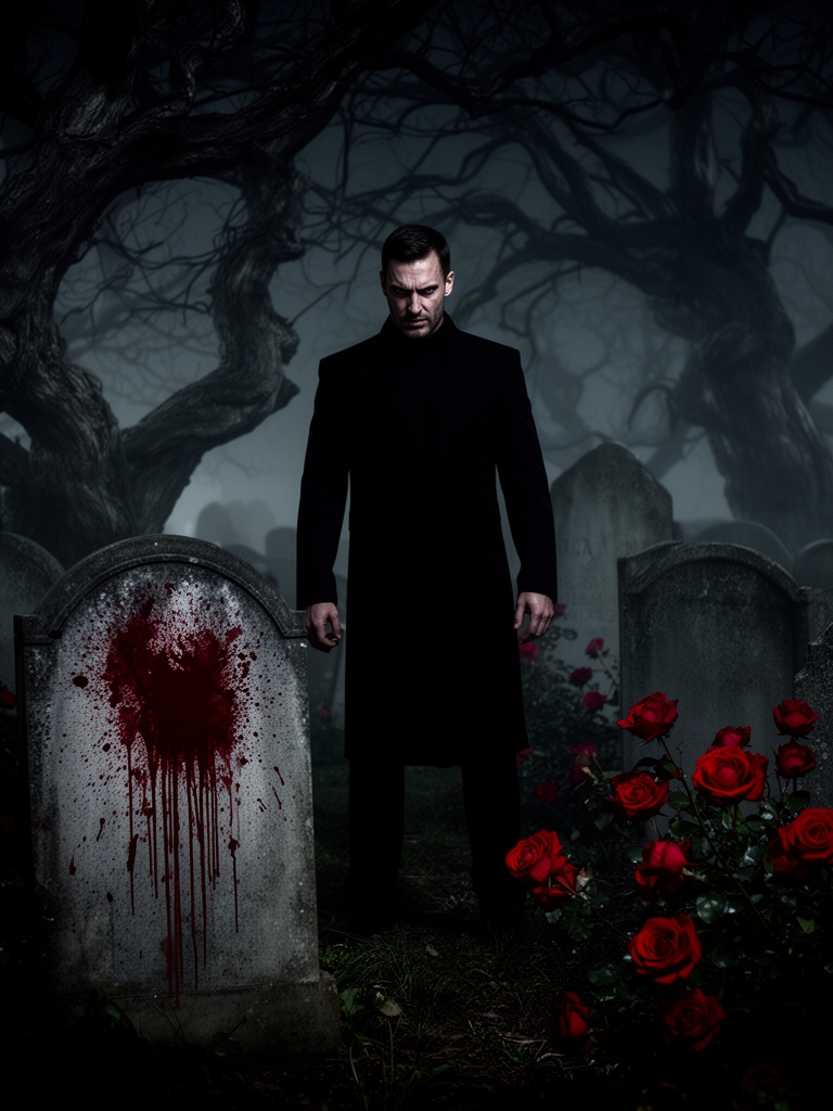 عکس‌مردی‌سیاه‌پوش‌با‌چهره‌ی‌خشن‌
در‌قبرستان‌با‌تبری‌خونی
پس‌زمینه:قبرستان‌تاریک‌ونمور‌با‌گلای‌رز‌‌سرخ0