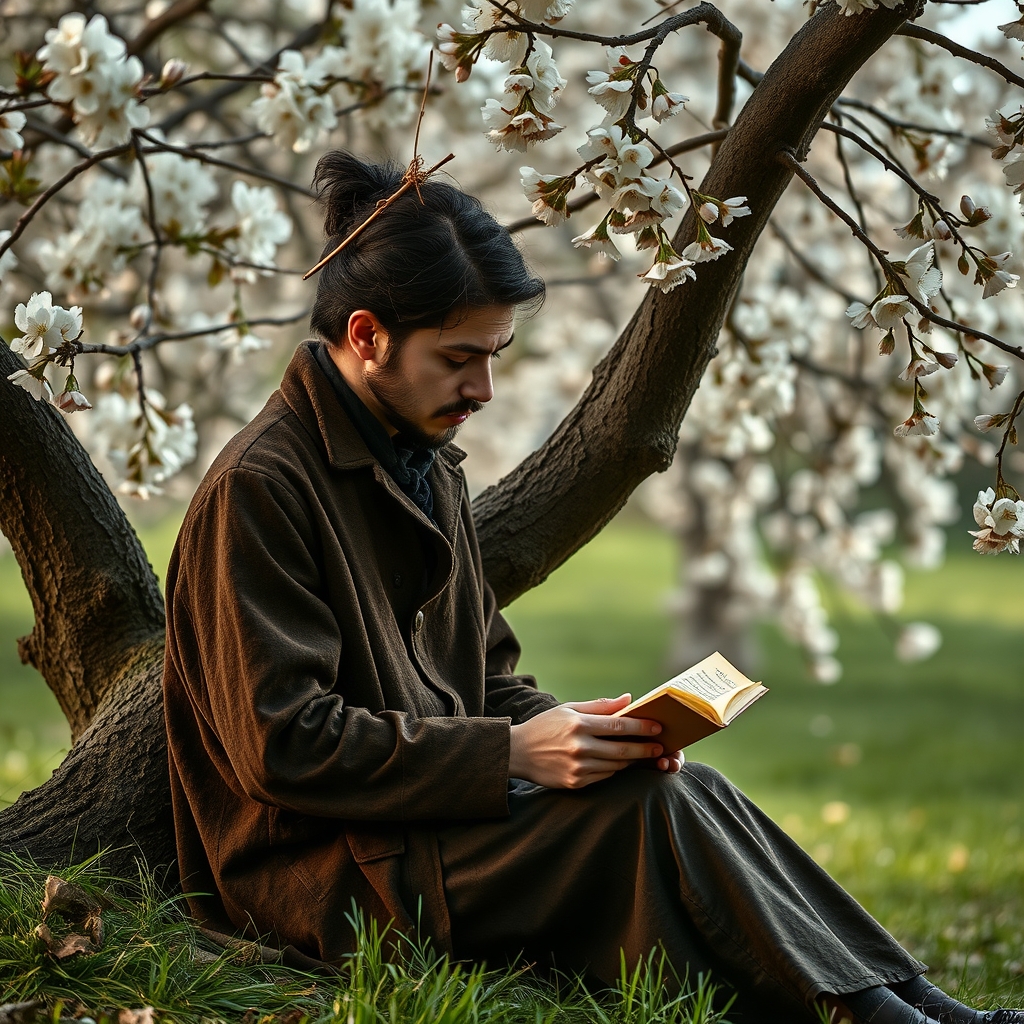 یک شاعر نشسته زیر د

رختی پرشکوفه، در حال نوشتن در دفترچه‌ای طلایی.0