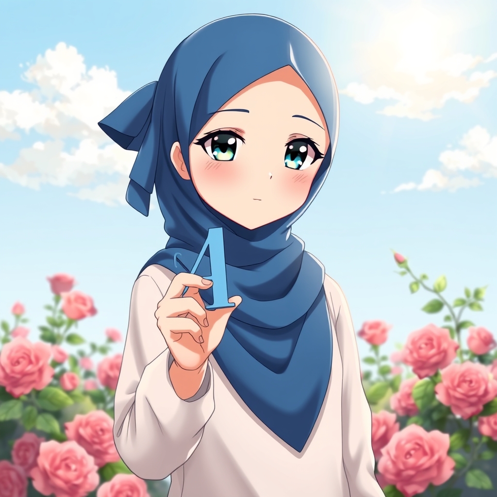 دختر خوشگل با چشم های آبی و با لباس حجاب دار آبی که حرف M را در دستش گرفته در پس زمینه عکس فک باغ گل رز آبی کم رنگ انیمه 1
