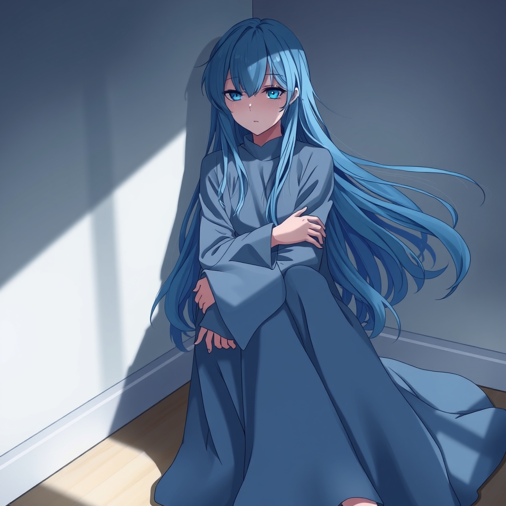 دختری با موهای آبی بلند و چشمان آبی، در گوشه‌ای از اتاقش نشسته است. دامن کوتاه و هودی آبی‌اش، همچون آسمانی غمگین، به او ظاهری مدرن و شیک می‌دهد، اما اشک‌هایش که بر گونه‌هایش می‌چکد،زیبایی او را به یک حس عمیق و دردناک تبدیل می‌کند.موهایش در نور کم اتاق،مانند امواج دریا می‌رقصند و چشمانش،که درخشش آبی خود را از دست داده‌اند،داستانی از غم و تنهایی را روایت می‌کنند.او در آغوش خود، دنیایی از احساسات را در بر دارد،دنیایی که در آن شادی و غم به هم آمیخته‌اند.این تضاد بین زیبایی ظاهر و احساساتش زیبا است.11