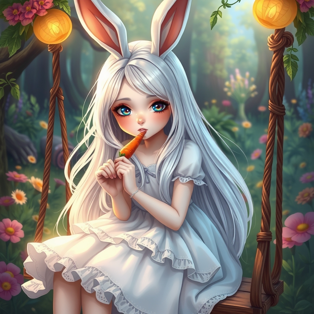 دختری زیبا با لباس سفید و گوشای خرگوشی و موهای سفید بلند وچهره ای بسیار زیبا  در باغ روی تاب نشسته است واب هویچ می خرد9