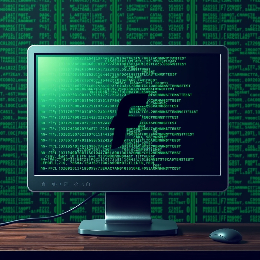 یک کامپیوتر که هک شده و صفحه ی مانیتور با نوشته های اینگلیسی سبز پر شده و وسط مانیتور یک لوگوی خفن F نشون داده شده
19