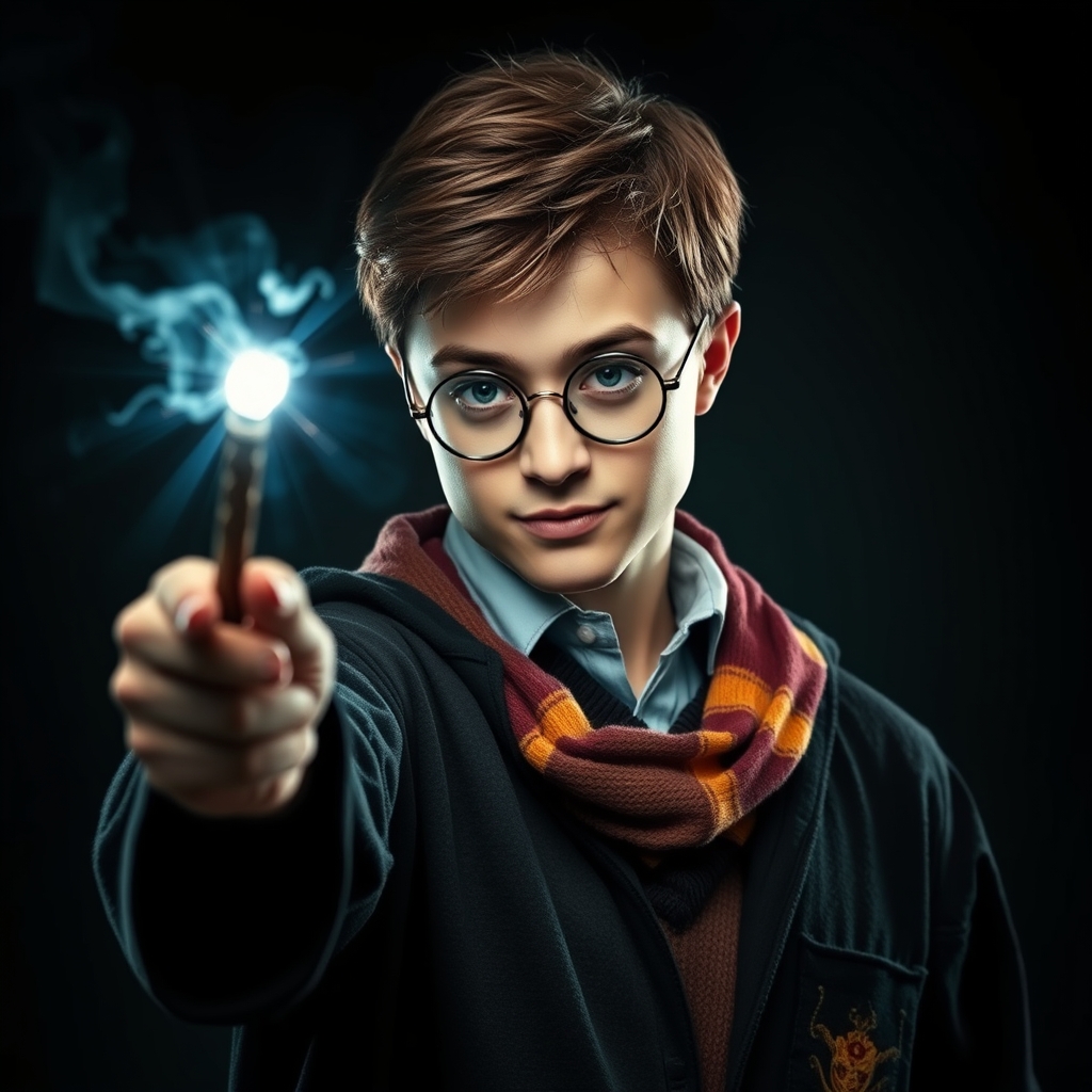هری پاتر با عینک در حال جادو کردن با چوب جادویی اش0