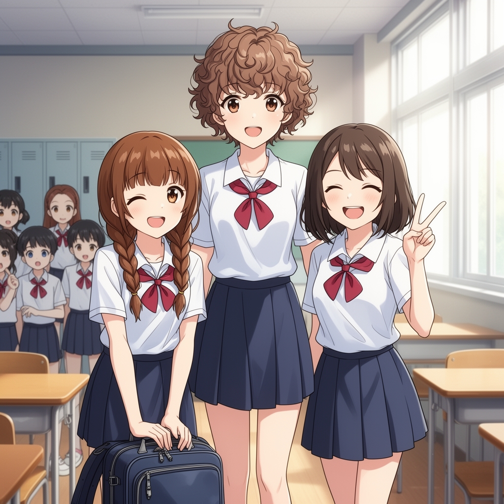 سه تا دختر مدرسه ای که وصتی از همه یک کوچولو بلند تر باشه موهاش فرفری و نچندان بلند
دومی سمت راستی هم ✌نشون میده و چشماش هم بستس و داره میخنده
سومی یعنی سمت چپی موهاش عسلی باشه و بافته شده باشه و کیفش روی زمین است و دستاش رو روی اون گذاشته و لبخند زده و یکی از چشماش بازه اون یکی بسته
داخل هیات مدرسه که پشت سرشون بچه ها باشن
3