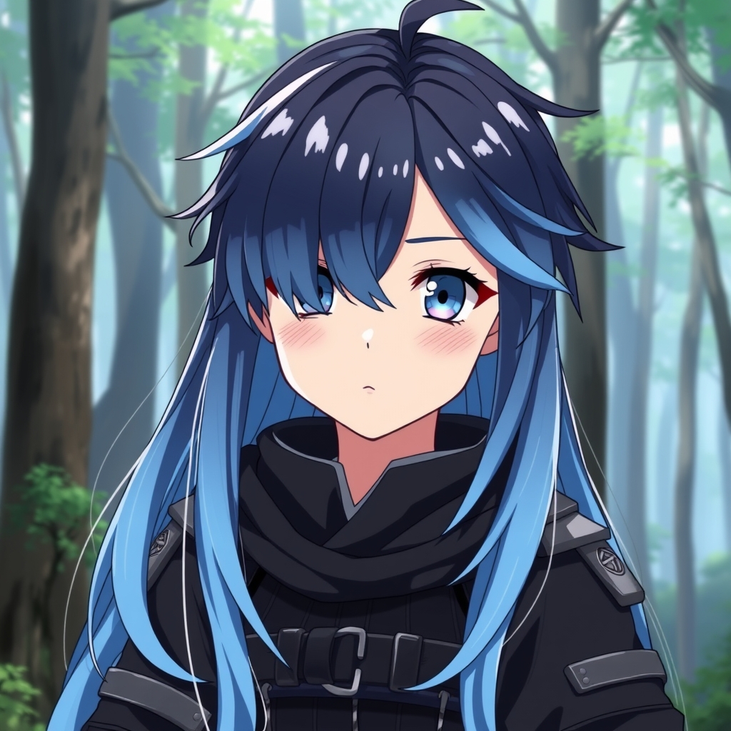 یک پسر با موهای بلند دخترونه که پایین موهایش آبی و بالای موهایش سیاه است لباس رزم ژاپنی سیاه پوشیده چشمانش آبی کم رنگ اما روشن است و در جنگل است. و بیخیال 3