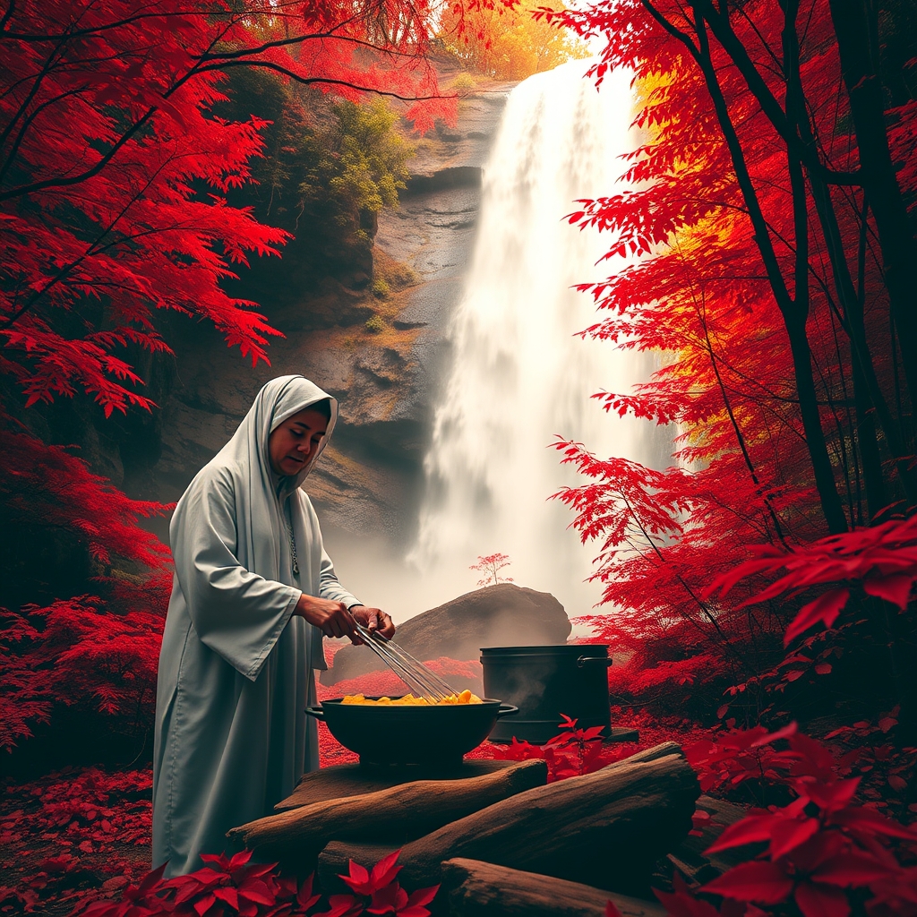تصویری از شخصی که در حال پختن غذا در جنگلی قرمز رنگ و کنار آبشار بزرگی که رنگ آن قرمز است1
