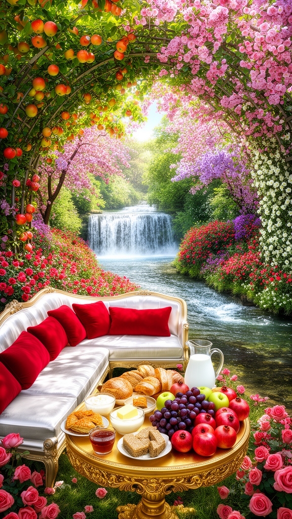 صبحی دل انگیز بهاری روشن
باغی افسانه ای با تونل افراشته از بوته های گل
و درختان پرشکوفه سیب و انار و پوشش انبوه گلهای رز اطلسی لی لی یم شب بو
آبشاری و رودی جاری ست
پایین رودخانه
کاناپه دراز ال مانند سفید طلایی با کوسن های قرمز
و میز طلا پر نان کره خامه عسل مربا حلوا باقلوا شیر خوشه انگور سیب انار1