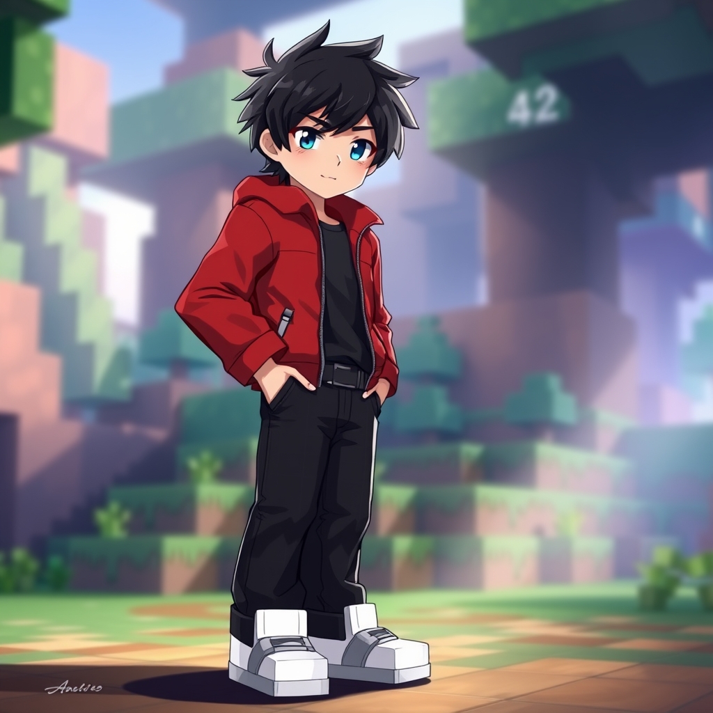 یک پسر زیبا با مو های مشکی چشم آبی ژاکت قرمز شروال مشکی و کفش های سفید ماین کرافت 23