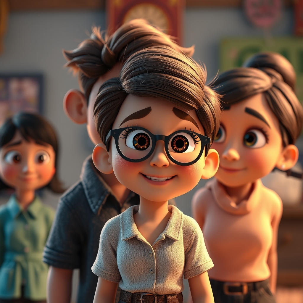 Stylized 3D animation in Pixar/Disney style, with soft and realistic textures, cinematic lighting, exaggerated yet human facial expressions, highly detailed cartoon rendering, and slightly plasticized materials."5