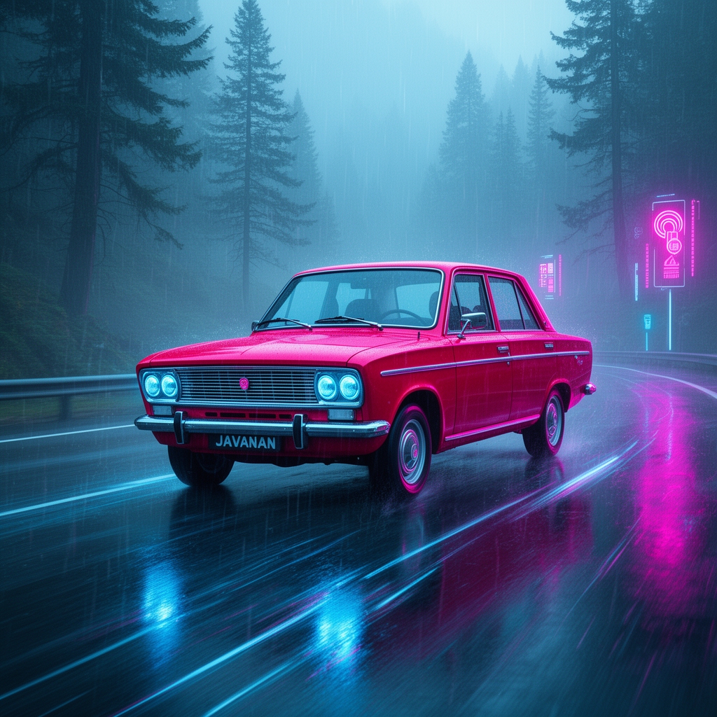 پیکان جوانان گوجهای رنگ کلاسیک که در جاده چالوس شمال ایران حرکت میکند، جنگلهای مه آلود در اطراف، هوای بارانی و نوستالژیک.2