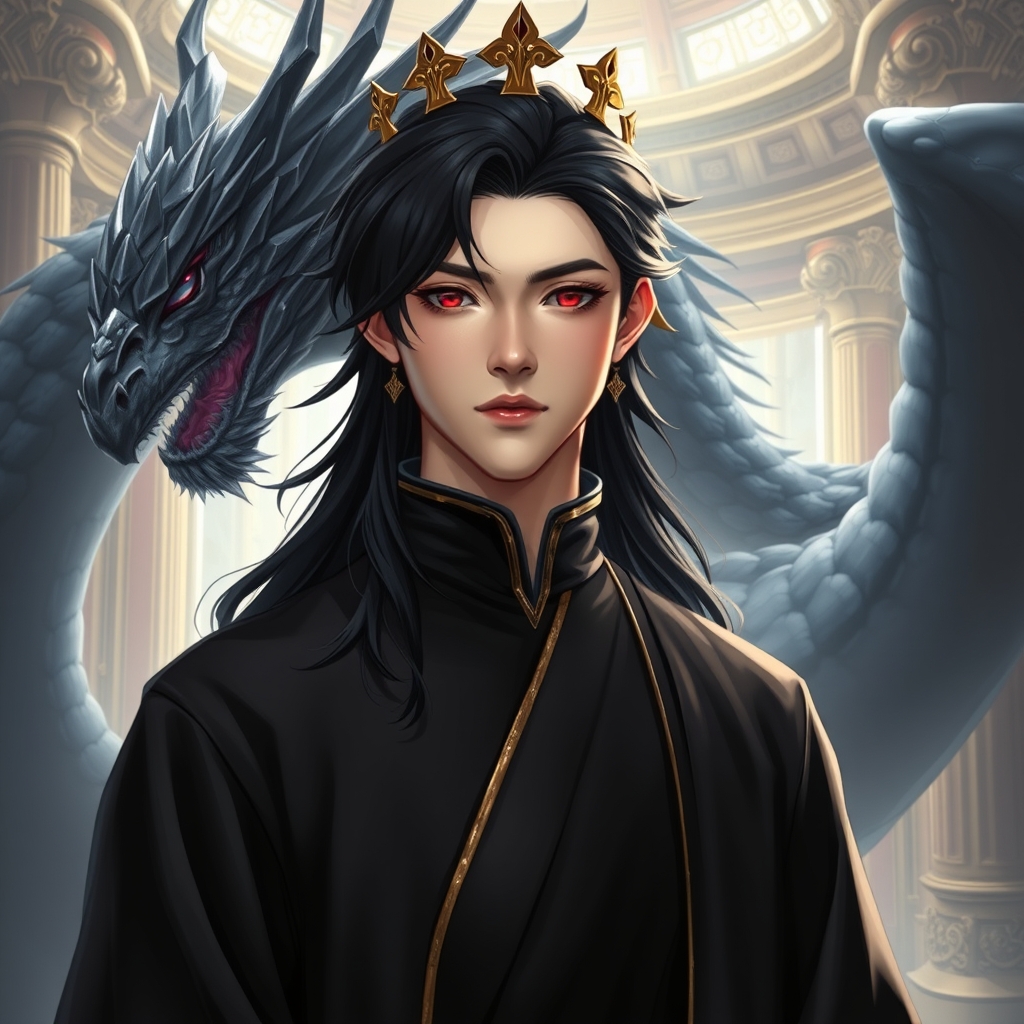 زیباترین مرد جوان در هستی حتی در رویایی که شکوه خدا را داشته باشد که نظیر آن در دنیا نباشد که همه از شدت زیبایی به او سجده کنند که با موهای مشکی رنگ بلند حالت دار و موجدار ایکلیری نچندان بلند و نچندان کوتاه و زیبایی رو داشته باشد که با چشمانی کریستالی قرمز رنگ خونی باشد که با پوست سفید همچون ماه و با لبانی سرخ همچون یاقوت با گونه‌هایی صورتی که تاجی از طلا بر سر داشته باشد که لباس سلطنتی مشکی طلایی رنگ توری بر تن داشته باشد که پشت سرش قصر باشکوهی باشد که در کنارش اژدهای بزرگ کریستالی سیاه باشد 1