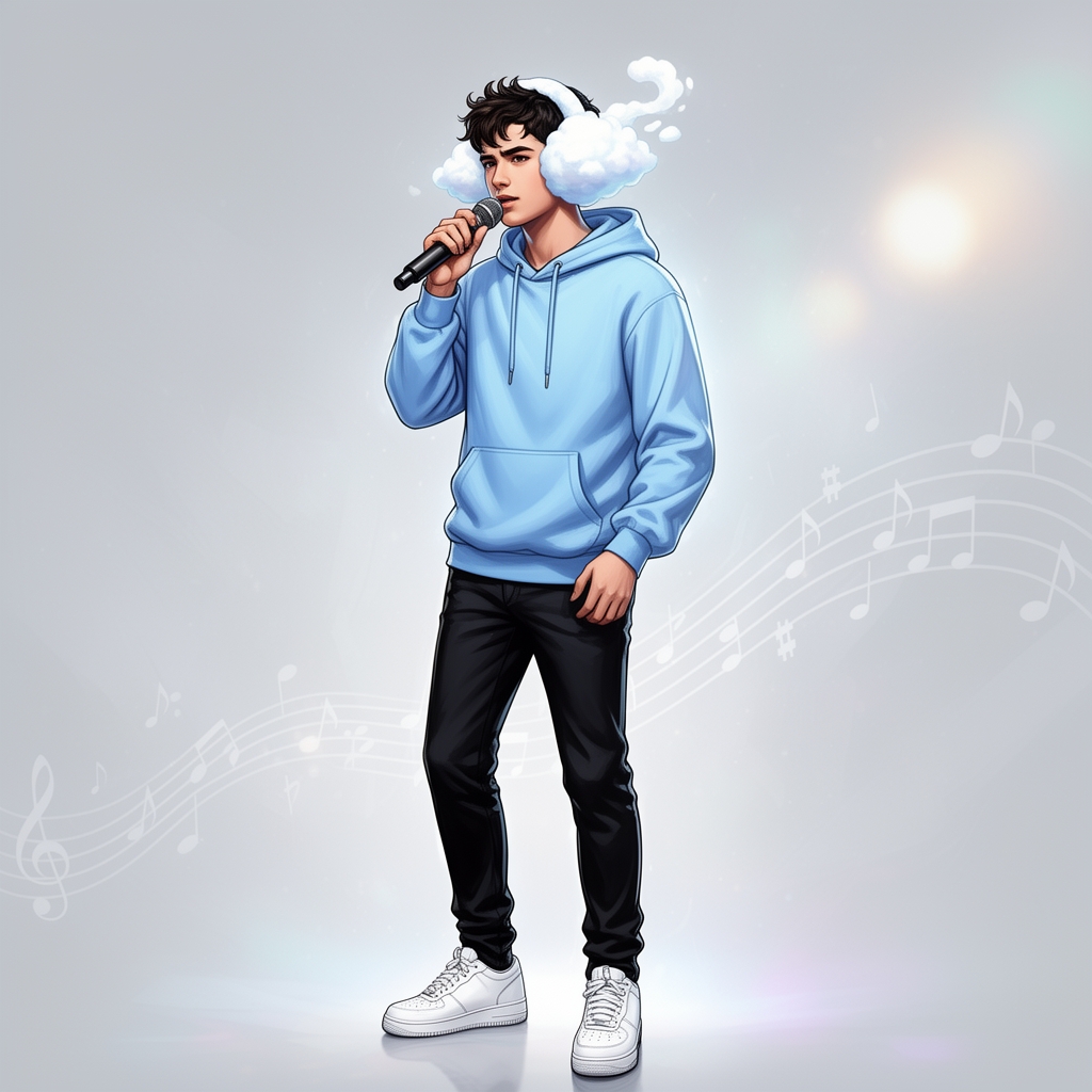 پسر خواننده ای که هودی آبی کم رنگ پوشیده و شلوار مشکی زیبا و کفش های سفید که هدفن
از جنس ابر در گوش هایش دارد 3