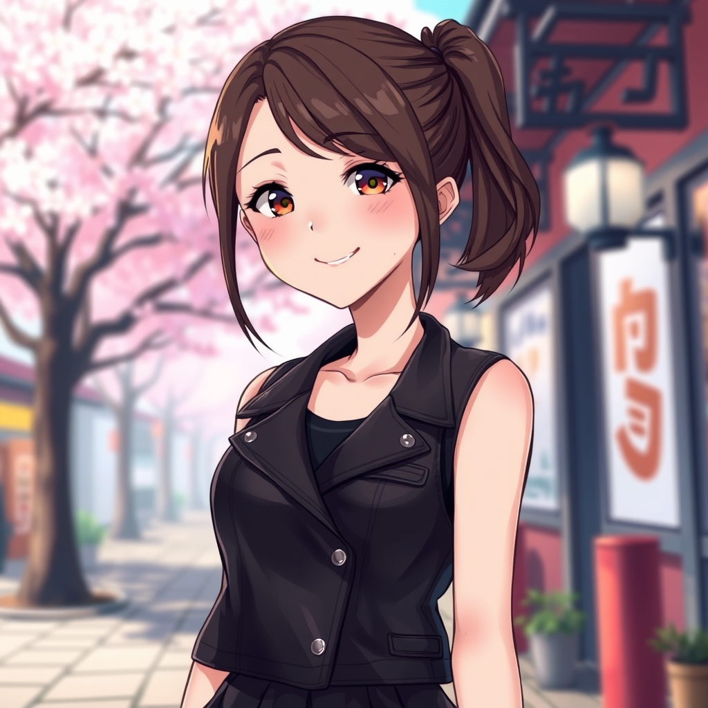 عکس یک دختر کره ای حدود 18 سال خیلی خوشگل با جلیقه چرم مشکی و دامن چرم مشکی 18