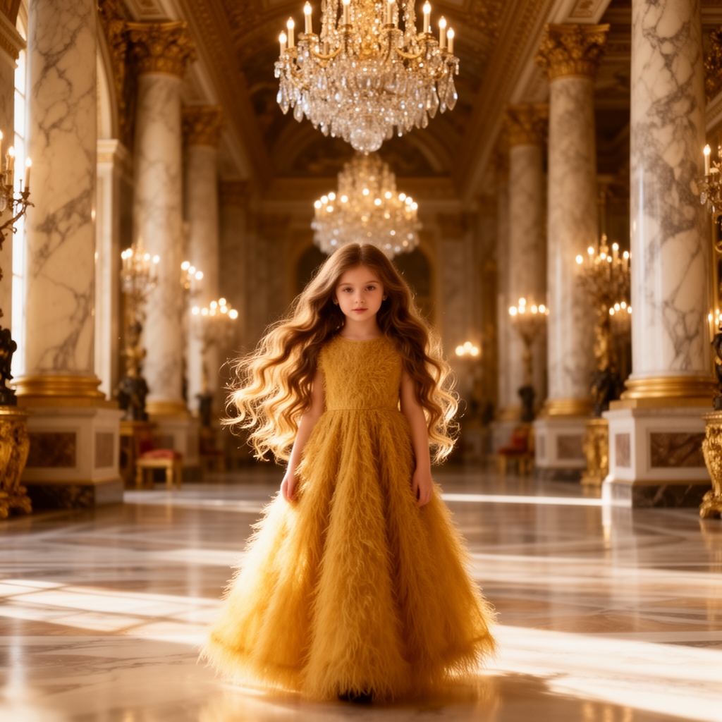 دختر با موهای بلند حالتدار قهوهای طلایی و لباس طلایی پفدار بلند و زیبا و خیلی خوشگل خیلی زیبا قصر3