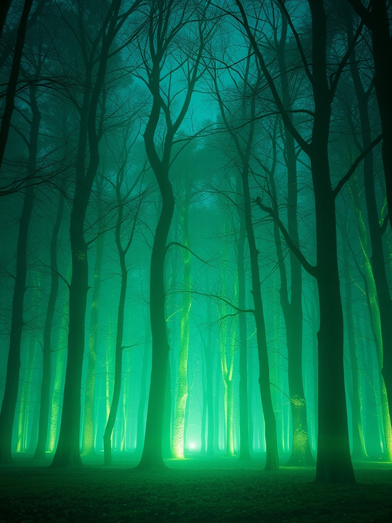 یک جنگل اسرارآمیز با درختانی از جنس نور، که با سایه‌های سبز و آبی به نرمی می‌درخشند
13